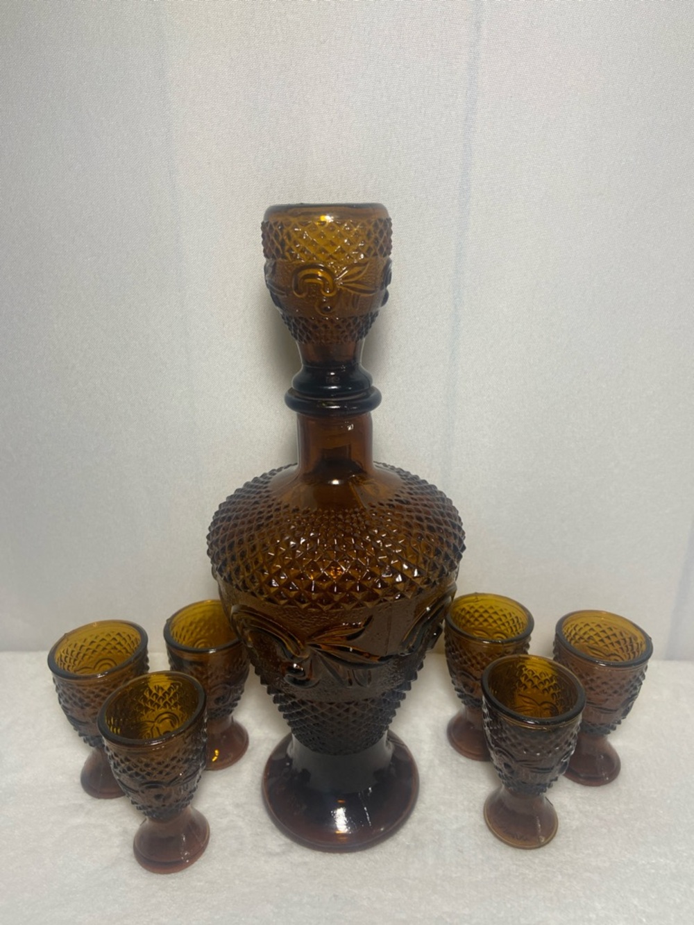 Amber Pressed Glass Decanter & 6 Cordial glasses